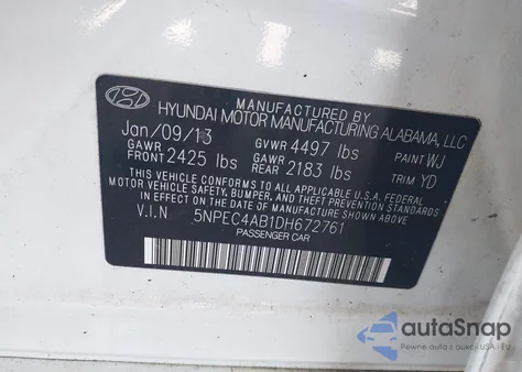 2013 Hyundai Sonata Limited 2.0T z USA, uszkodzony, nr VIN 5NPEC4AB1DH672761